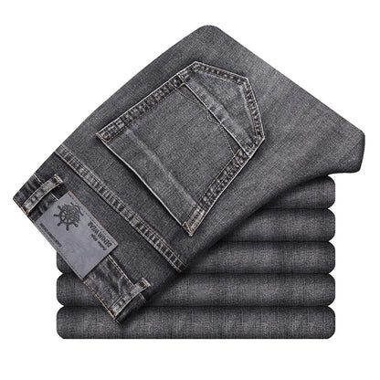 2022 Autumn Spring Fitted Straight Stretch Denim  Classic Style Badge Youth Men's Business Casual Jeans Trousers