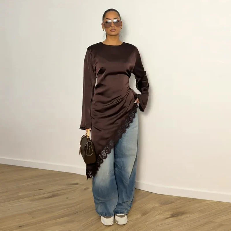 Women's Satin Blouse With Lace Trim Fashion O-neck Long Sleeve Lace Up Waist Irregular Tops 2026 Spring New Chic Lady Streetwear