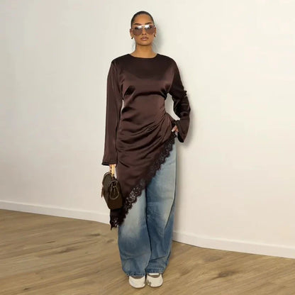 Women's Satin Blouse With Lace Trim Fashion O-neck Long Sleeve Lace Up Waist Irregular Tops 2026 Spring New Chic Lady Streetwear