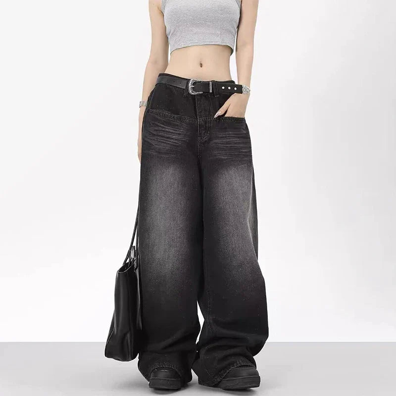 Oversized Retro Black Jeans Wide Leg Pants For Women