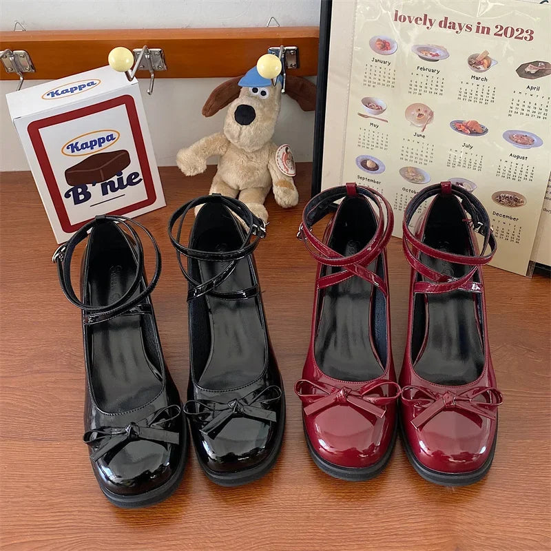 Red Mary Jane Women Pumps Thick High Heels Shoes Female Lolita Square Toe Shoes Spring Fashion Party Leather Woman Shoes New
