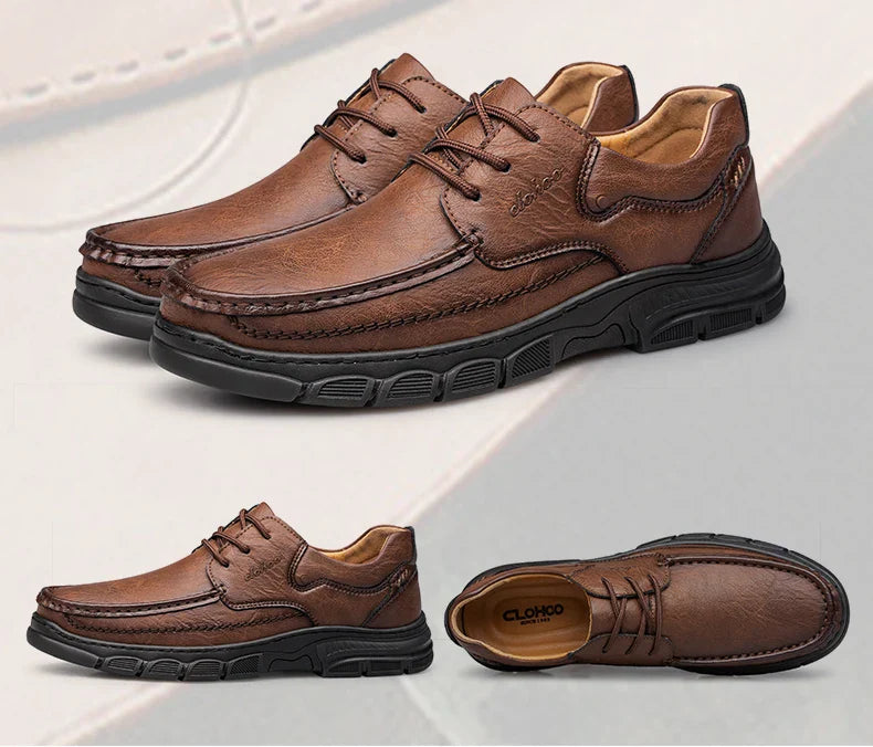 Men's Handmade Thick Rubber Bottom Breathable Casual Leather Shoes Classic Sewn Loafers Comfortable Leisure Footwear