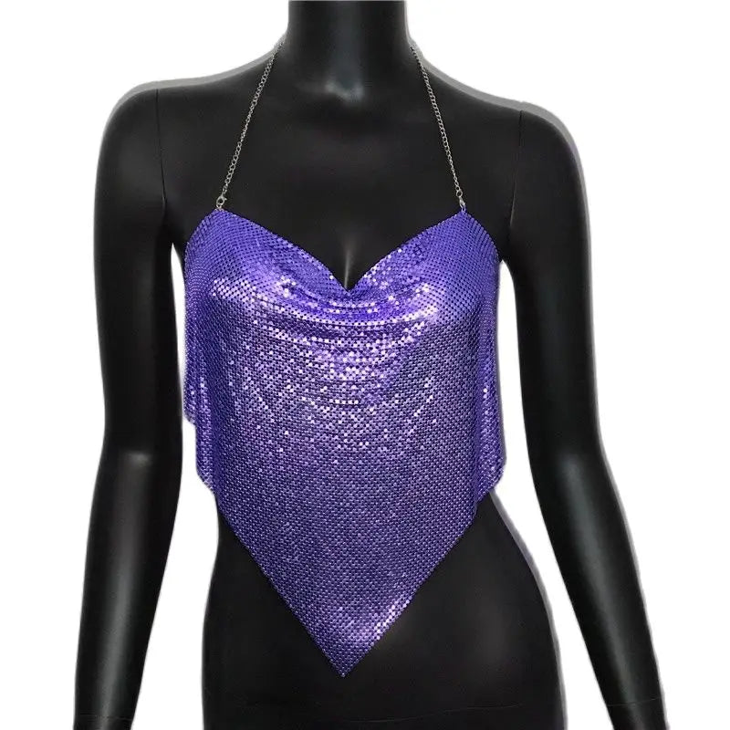 Women Solid Sequined Metal Camis Top 2025 Sexy Halter Backless V Strappy Party Nightclub Vest Cropped Tops