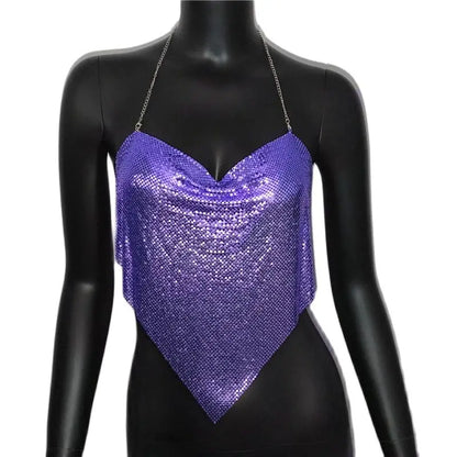 Women Solid Sequined Metal Camis Top 2025 Sexy Halter Backless V Strappy Party Nightclub Vest Cropped Tops