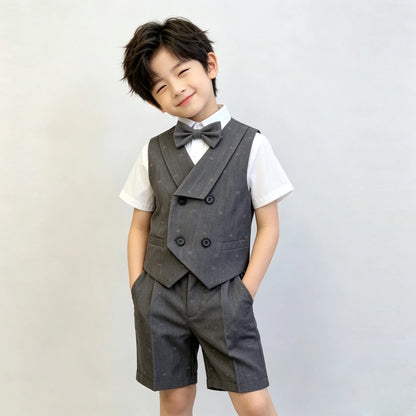Kids Boys Formal Suit Set Denim Gray Vest Shorts Bowtie 3PCS Wedding Birthday Party Gentleman Outfit for Toddler 1-8Yrs Clothes