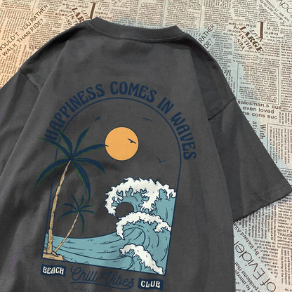 Happiness Comes In Waves Printing Men Women Clothes Fashion Loose Tops Creativity Casual T Shirt Pattern Loose Tshirts Couple