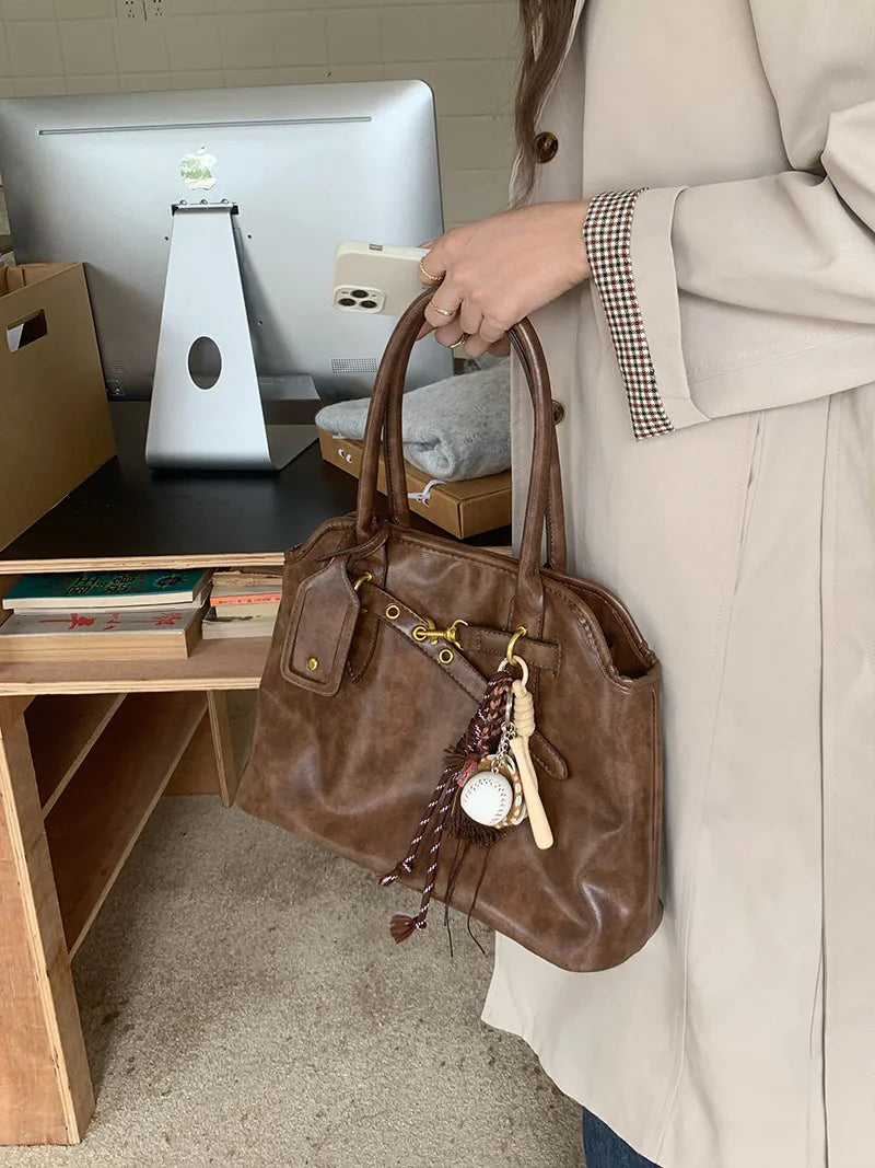 Vintage Designer Luxury Tote Bag Casual Lage Capacity Women's Shoulder Bag Simple Commuting PU Leather Ladies Handbags