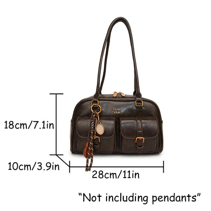 Women's Retro Solid Color Pu Leather Shoulder Bag with Multiple Pockets, Large Capacity, Exquisite and Fashionable Handbag