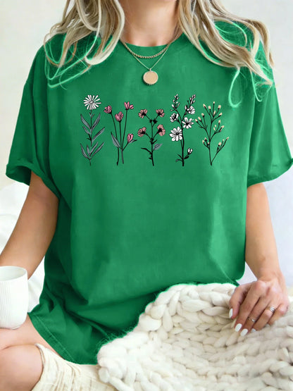 All Kinds Of Beautiful Flowers Printed T-Shirt Women Cotton Loose T Shirts All-Match Summer Clothing Comfortable Y2K Streetwear