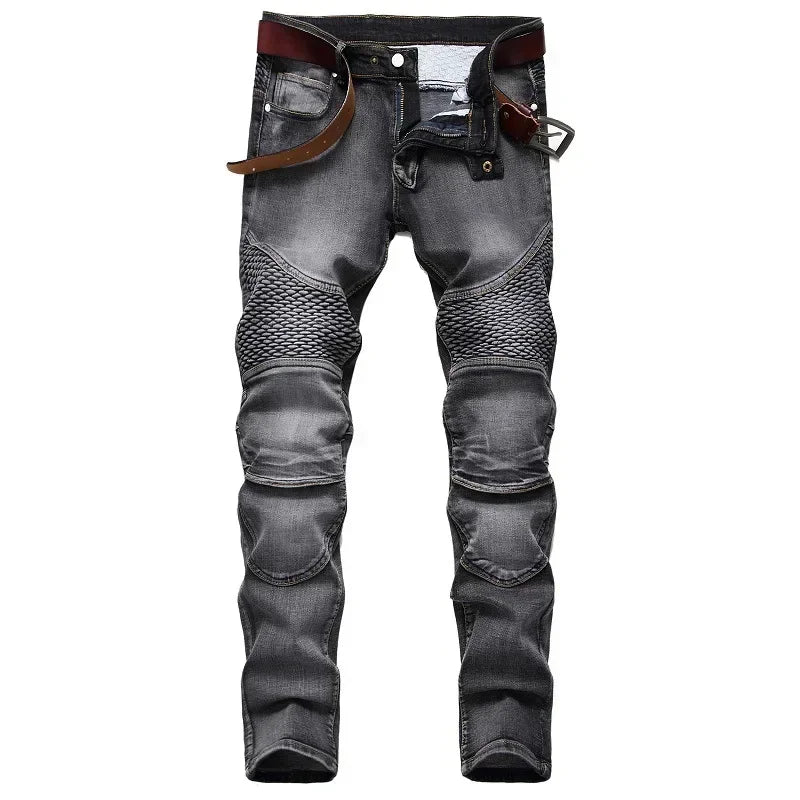 Calça Jeans Masculina Nova Casual Moto Hip Hop Rua Equitação Elástica Slim Reta Patchwork Moda Calças Jeans Masculinas