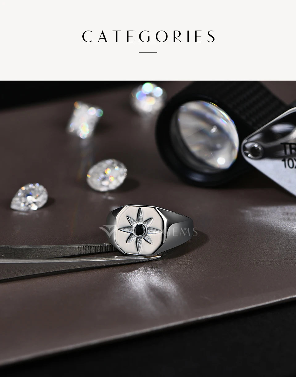 Vintage 8-Pointed Star Signet Ring for Men S925 Sterling Silver Black Spinel Women Rings Punk Jewelry Gifts for party