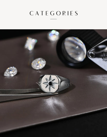 Vintage 8-Pointed Star Signet Ring for Men S925 Sterling Silver Black Spinel Women Rings Punk Jewelry Gifts for party