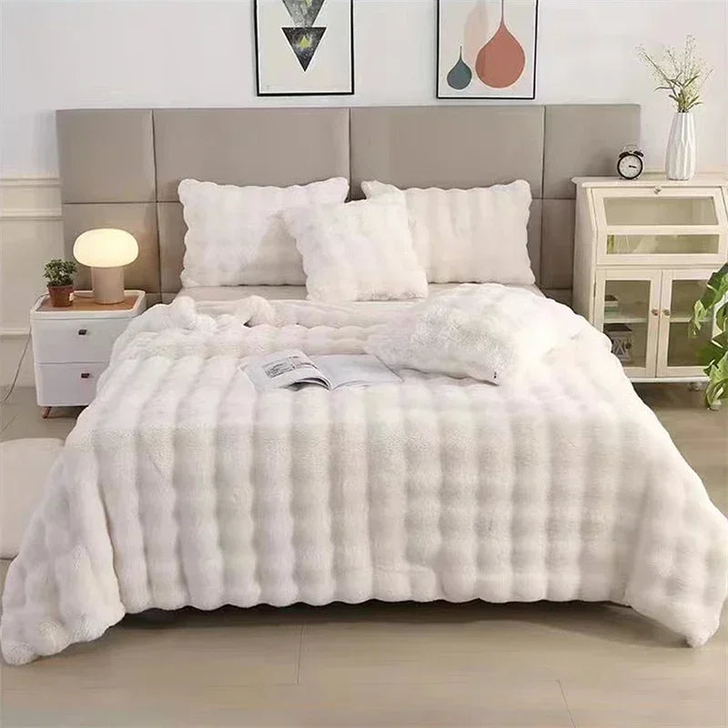 Cozy Rabbit Hair Bubble Velvet Blanket for Napping Soft Fuzzy Plush Bed Cover Sofa Throw Blanket All Season Warmth