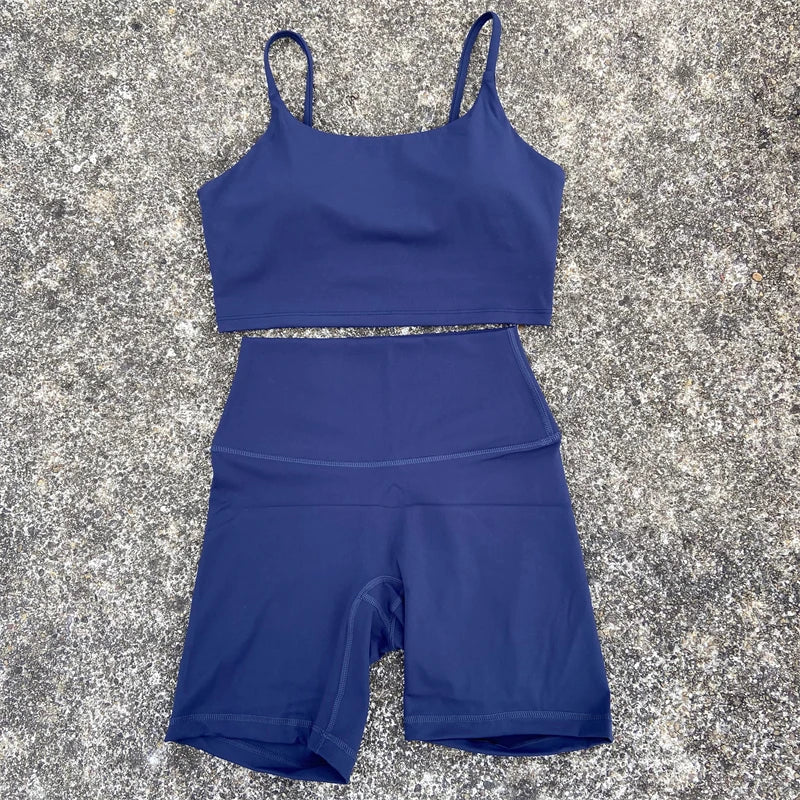 2 Piece Yoga Shorts Set Gym Sports Set Women Workout Clothes Fitness Suit Thin Strap Bra Top High Waist Shorts Running Tracksuit