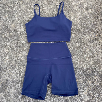 2 Piece Yoga Shorts Set Gym Sports Set Women Workout Clothes Fitness Suit Thin Strap Bra Top High Waist Shorts Running Tracksuit