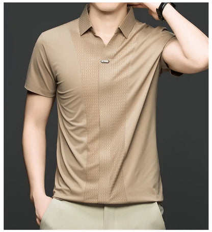Personality jacquard splicing short sleeve Polo shirt men ice silk breathable high quality fashionable buttonless V-neck T-shirt