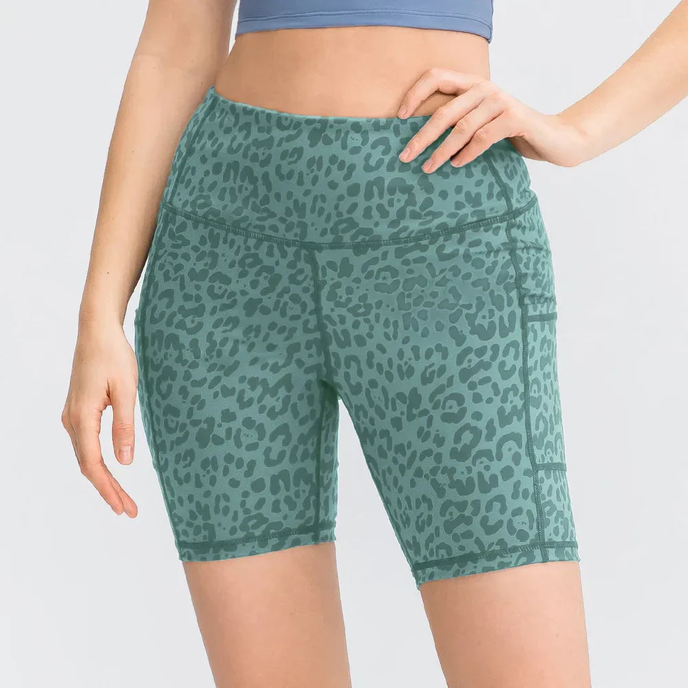 Women's printed nude yoga shorts with pockets skin-friendly tight stretch quick-drying sports fitness hiking running shorts