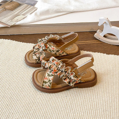 Summer Girl's Sandals Open Toe Flower Hook-loop Chic Kid's Flat Shoe Solid Colors Light Comfy Casual Daily Children Shoes 23-33