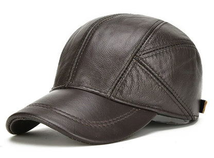 Casual Real Leather Earflap Cap Men's Real Cowhide Leather Caps Male Fall Winter Genuine Real Cow Leather Baseball Hats
