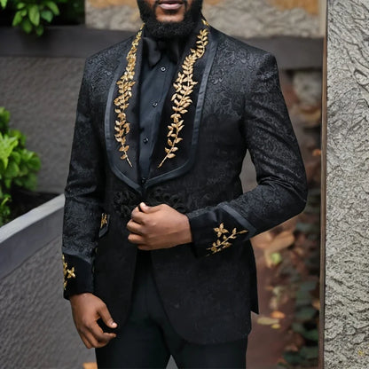 Black Floral Men Suits with Buttons Shawl Lapel Jacket with Pants 2  Piece Wedding Groom Tuxedo ( Blazer + Trousers) 2024