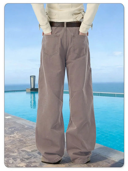 Spring Summer Retro Brown Baggy Wide Leg Casual Jeans 100% Cotton Daily Folded Splicing Deconstructed Casual Pants Unisex