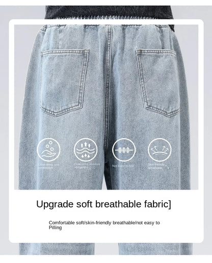 New Men's Elastic Waist Jeans Loose Wide Leg Casual Straight Long Trousers Comfortable Stretch Denim Pants Trendy Brand