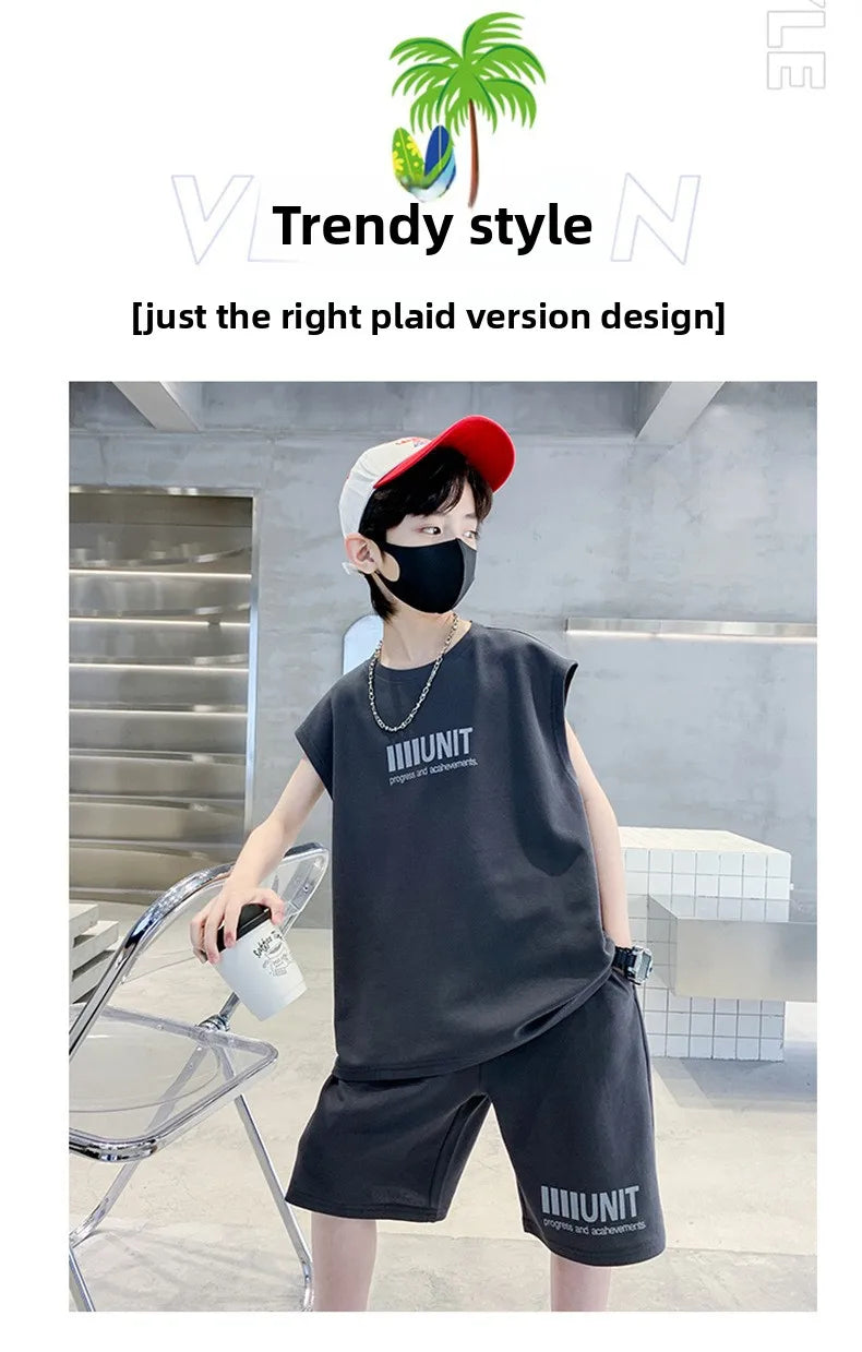 Big Child Cotton Summer Suit for Teens Boy Wing Print Cotton Tshirt + Shorts 2PCS Clothing Set Kids Adult Fashion Street Outfit
