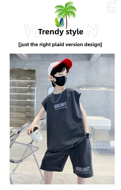 Big Child Cotton Summer Suit for Teens Boy Wing Print Cotton Tshirt + Shorts 2PCS Clothing Set Kids Adult Fashion Street Outfit