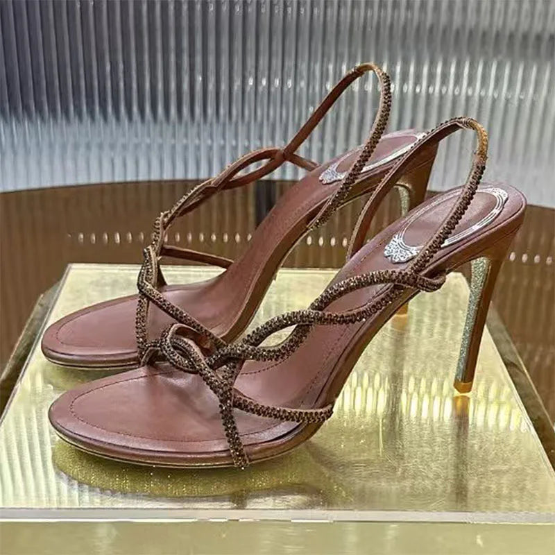 Bling Crystal Studded Thin Heels Sandals Woman Rhinestone Cross-tied High Heels Banquet Shoes Summer Stiletto Sandalias Women