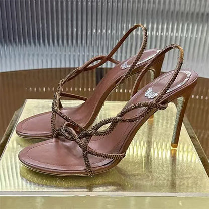Bling Crystal Studded Thin Heels Sandals Woman Rhinestone Cross-tied High Heels Banquet Shoes Summer Stiletto Sandalias Women