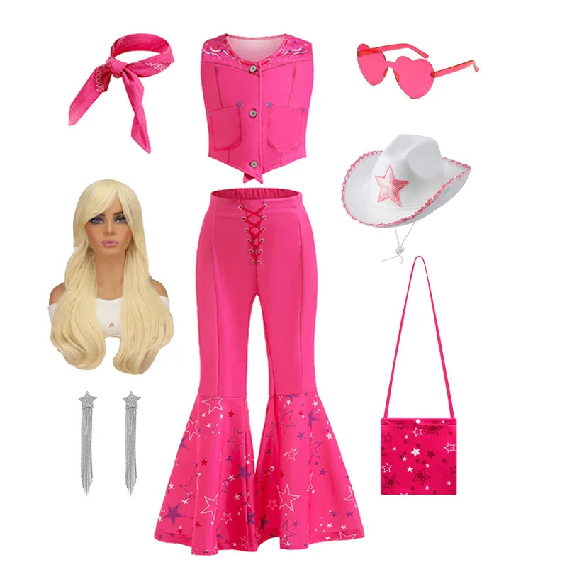 Movie Barbier Halloween Girls Cosplay Costume Peach Princess Dress Vintage Rose Top+Pants+Scarf Street Punk Set Party Clothes