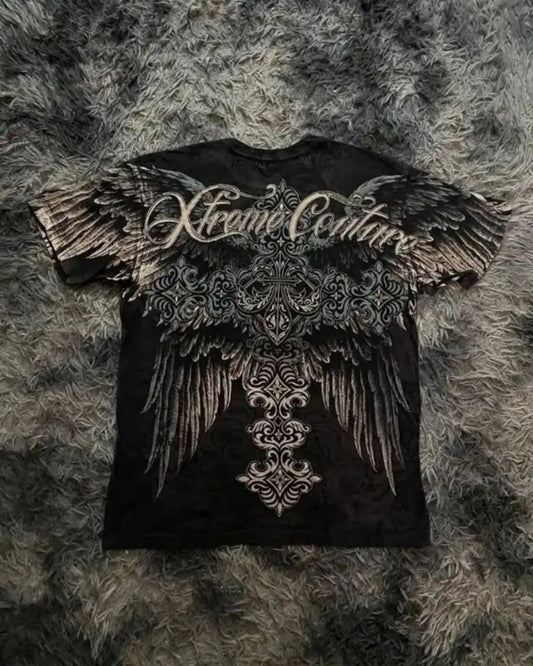 men's summer skull angel wing print comfortable and breathable round neck T-shirt outdoor street versatile top