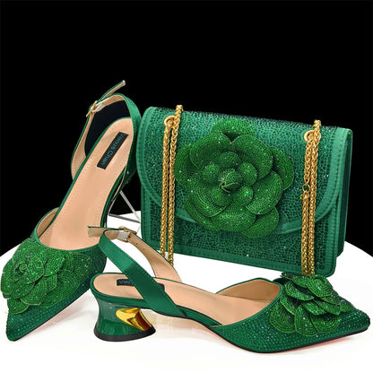 Evening Shoes and Bags Set with Full Diamond Handmade Petal Clutches Pointed Toe Peach Color Mid-Heel Women Shoes