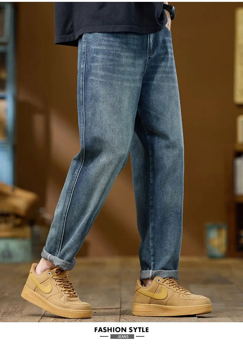 Jeans Denim Straight Pants Men Washed Distressed Mid Waist Pockets 2025 Streetwear Basics Ankle Length Trousers Vintage Denims