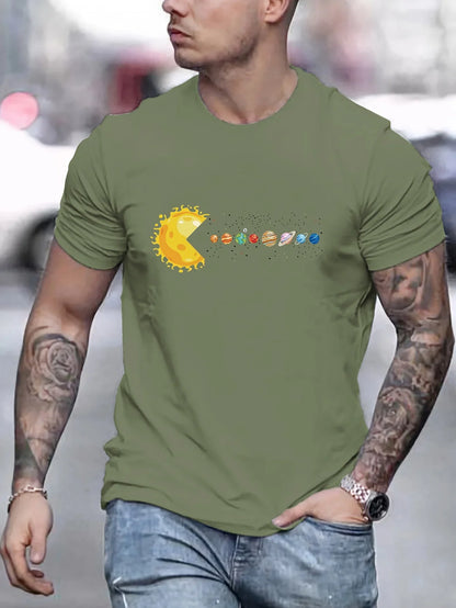 Men's 100% pure cotton summer loose and comfortable casual solar system Planets printed round neck short sleeved T-shirt top