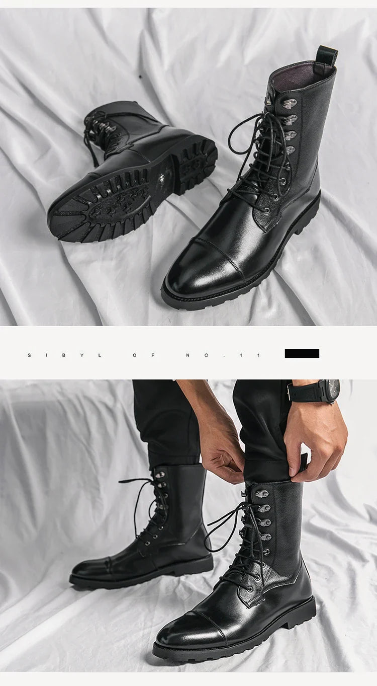 Men Lace Up High-top Boots Fashionable Outdoor Black Combat Boots