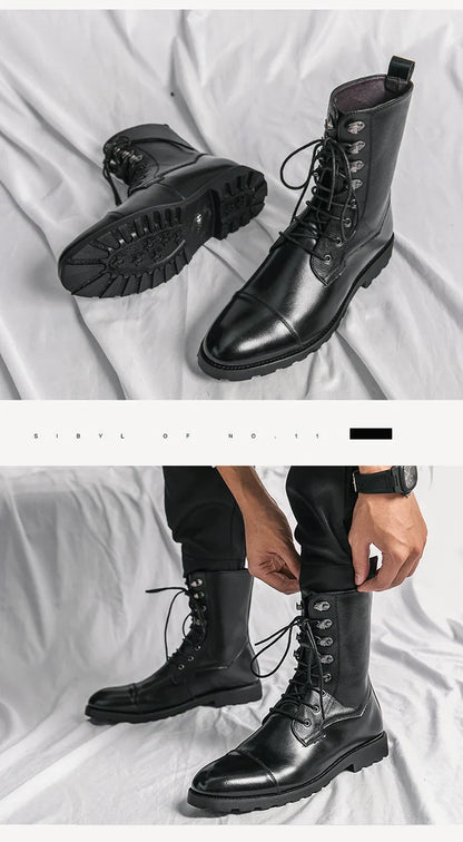 Men Lace Up High-top Boots Fashionable Outdoor Black Combat Boots