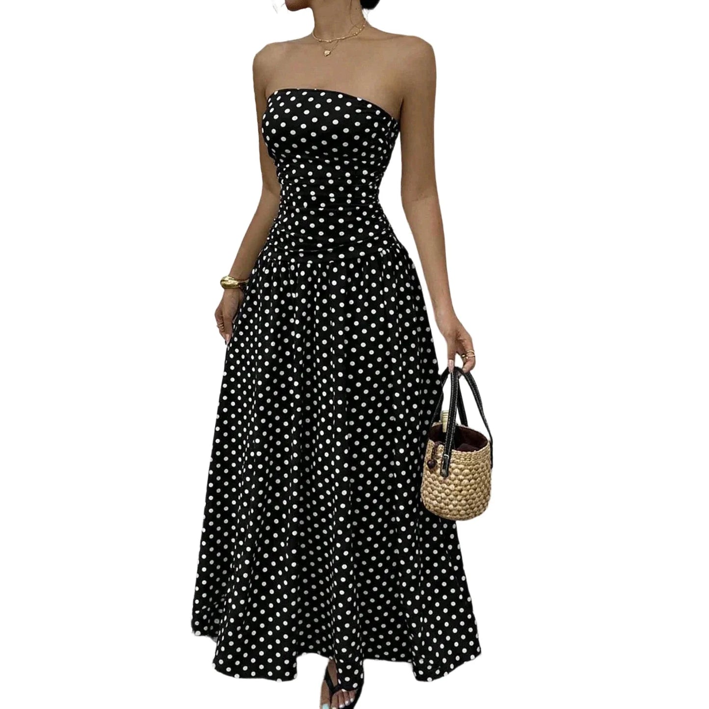 Women's Polka Dot Maxi Dress Off Shoulder A-line Waist Slimming Dress Fashion Evening Gown Retro Elegant Polka Dot Patry Dresses