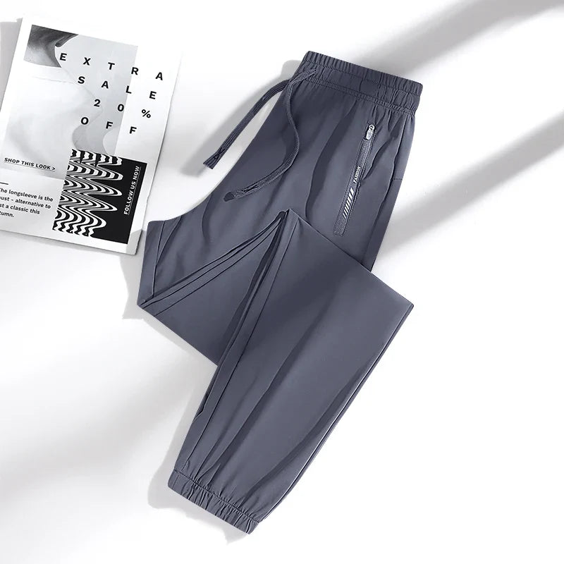New High Quality Ice Silk Men's Women's Pants Summer Thin Loose Quick Drying Breathable Sports Straight Leg Tie Casual Pants