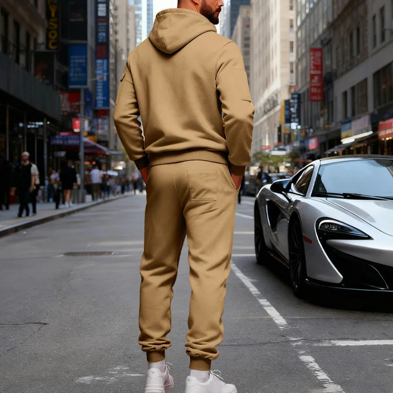 Autumn and winter men's velvet loose casual tooling outdoor sports fashion hooded sweater set