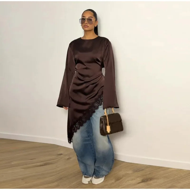 Women's Satin Blouse With Lace Trim Fashion O-neck Long Sleeve Lace Up Waist Irregular Tops 2026 Spring New Chic Lady Streetwear