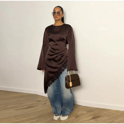Women's Satin Blouse With Lace Trim Fashion O-neck Long Sleeve Lace Up Waist Irregular Tops 2026 Spring New Chic Lady Streetwear