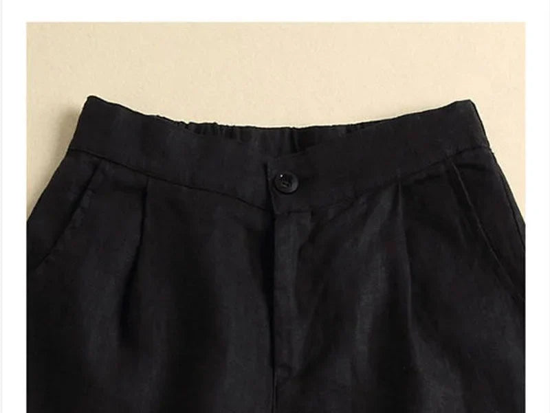 Khaki Solid Casual Linen Cotton Elastic High Waist Wide Leg Button Loose Women's Shorts Korean Fashion Summer Shorts Women 2024