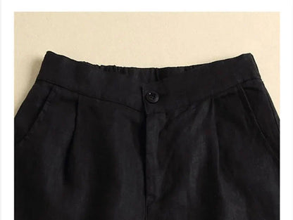 Khaki Solid Casual Linen Cotton Elastic High Waist Wide Leg Button Loose Women's Shorts Korean Fashion Summer Shorts Women 2024