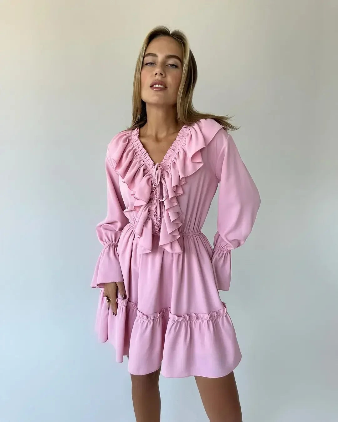 White Ruffle Bandage Mini Dress Women's Elegant Patchwork Long Sleeve Dress New Slim V Neck Lace Up Summer Mini Dress