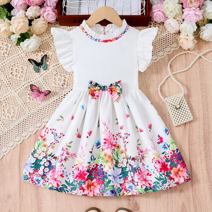 New Summer Children Dresses With Bow Print Casual Dress Outdoor Carnival Birthday Party Girl Clothes Cute Girl Skirt 2-10Y