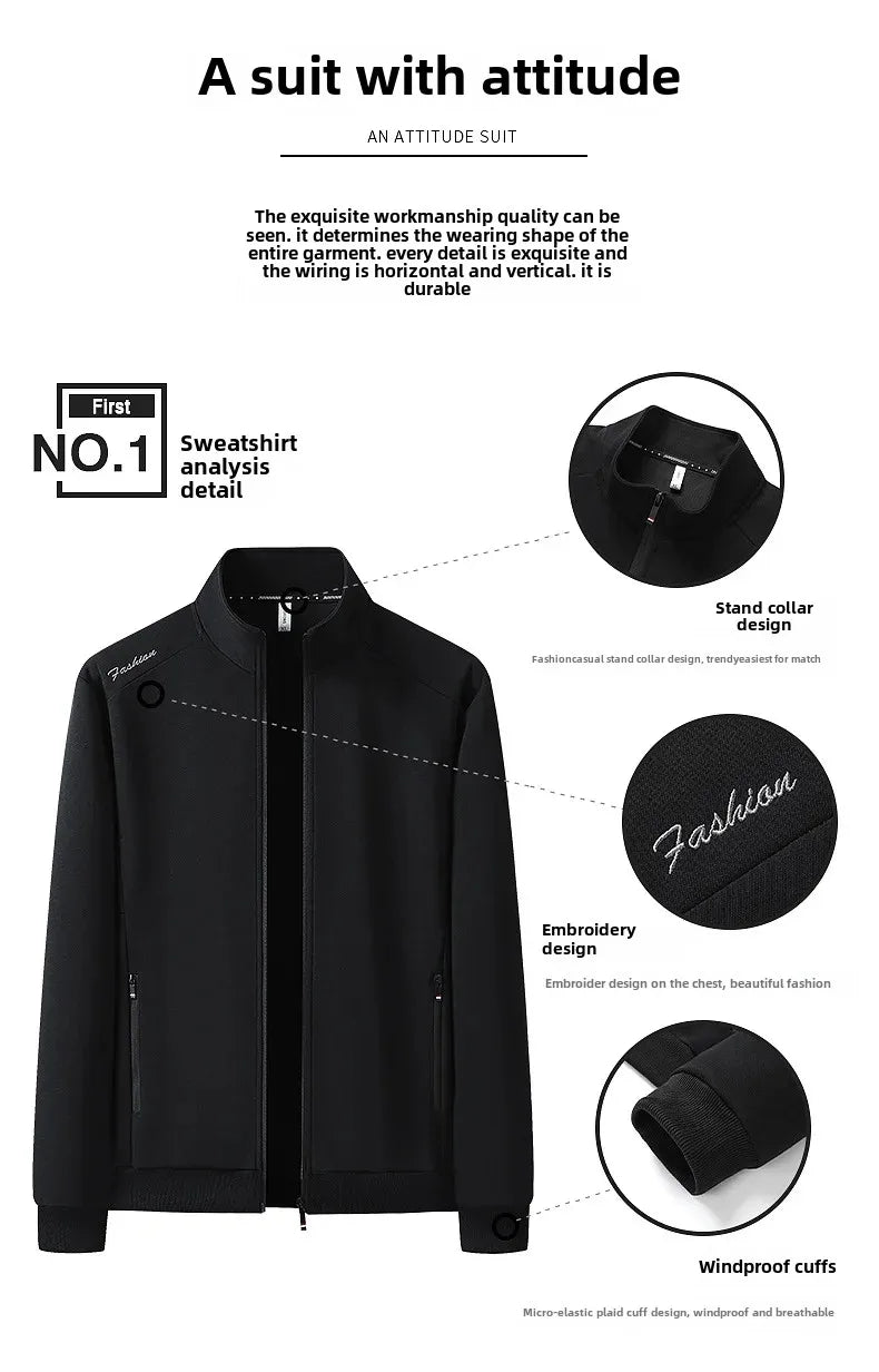 Spring Autumn New Men's Cotton Sports Suit Stand Collar Sweatshirt Middle-Aged And Elderly Casual Stylish Cardigan Loose-Fit 2-P