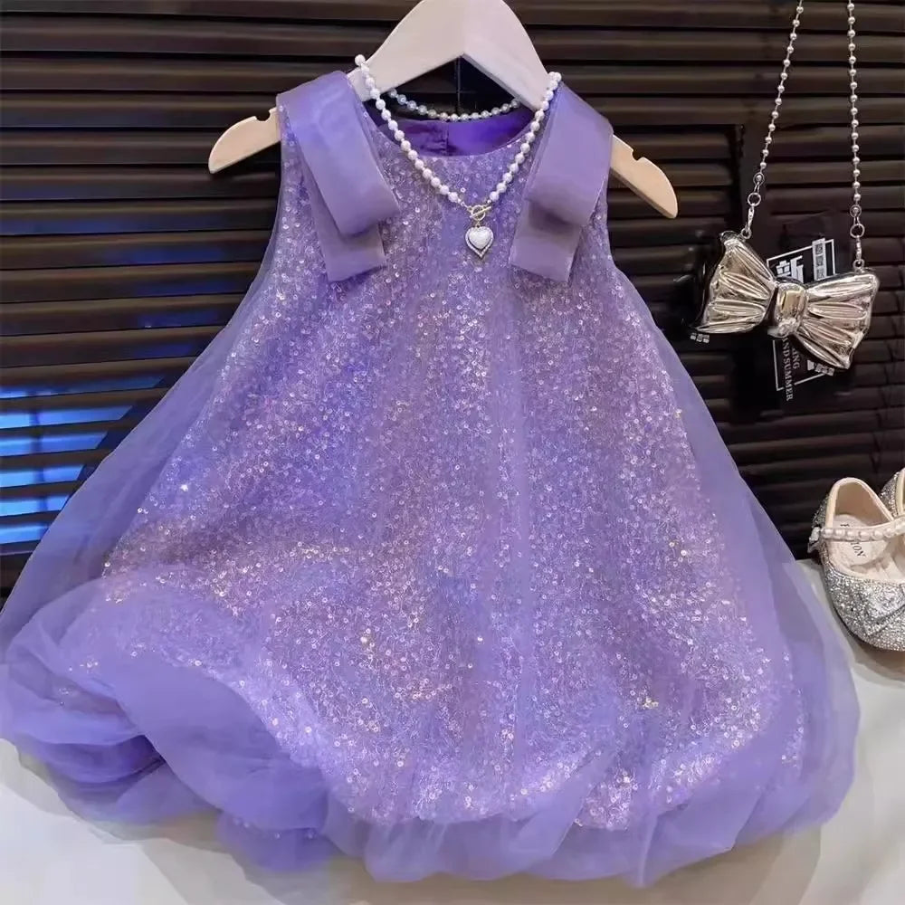 Plain Girls Clothes Summer Sleeveless Mesh Sparkling Princess Dresses Korean Version Birthday Wear Party Wedding