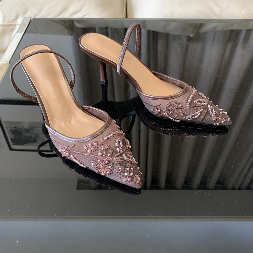 Summer Pointed Toe Mesh Embroider High Heels for ladies Elegant String Bead pumps Sexy Luxury Designer Shoe Brown Heeled Sandals