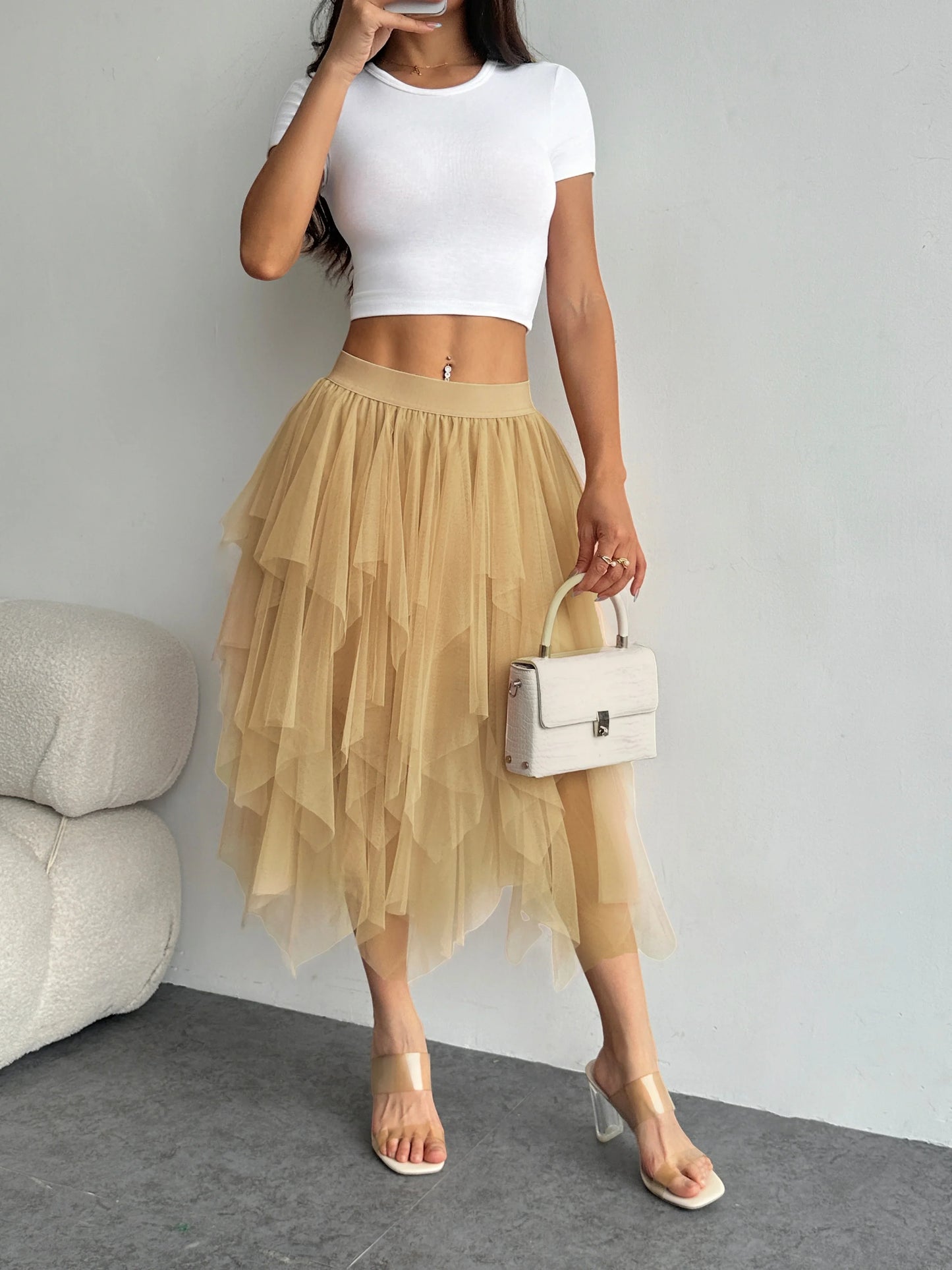 Ladies' high waisted elastic waist layered chiffon midi skirt with irregular asymmetric hem party casual mesh fairy ballet skirt